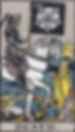 A skeleton in armor, riding a white horse and carrying a flag. The horse is trampling figures.