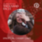Smiling woman in brown coat covers face playfully. Text: "The Podcast with a Thousand Faces, Episode 46: Cassidy Gard." Red background.