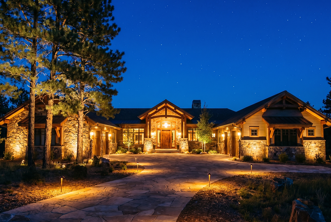 Custom curb appeal landscape lighting on Colorado mountain home by Amber Creek Design, Boulder County