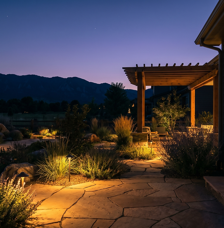 Custom pathway and pergola landscape lighting by Amber Creek Design, Boulder County CO