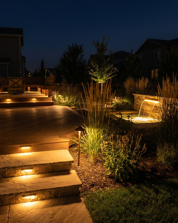 Custom deck step lighting and water feature by Amber Creek Design, Boulder County CO