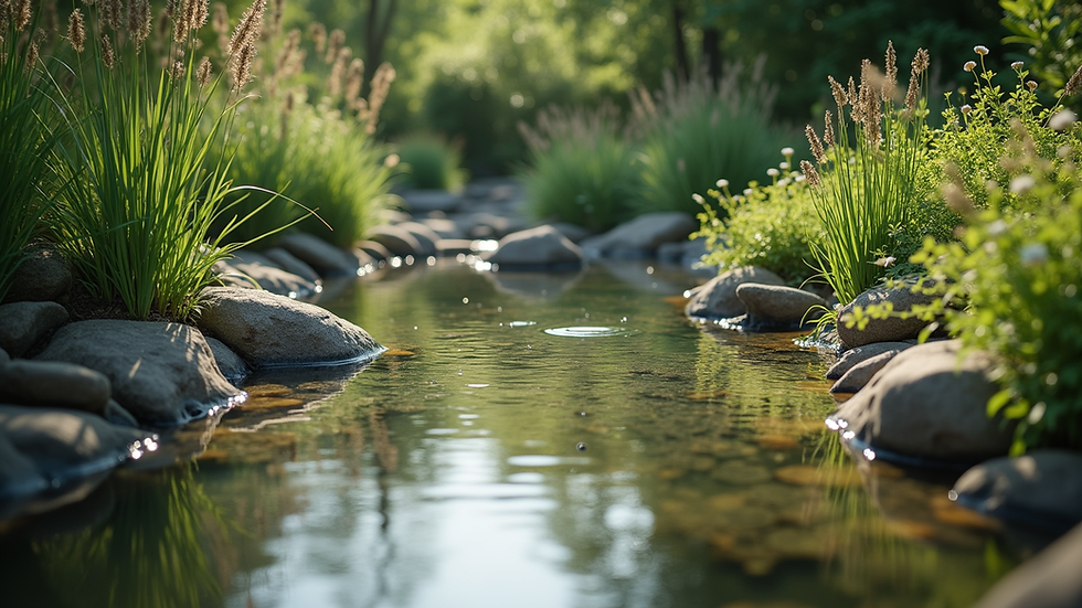 Eye-level view of a tranquil backyard pond surrounded by native plants