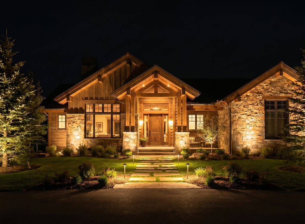 Custom front entry and tree uplighting by Amber Creek Design, Boulder County CO