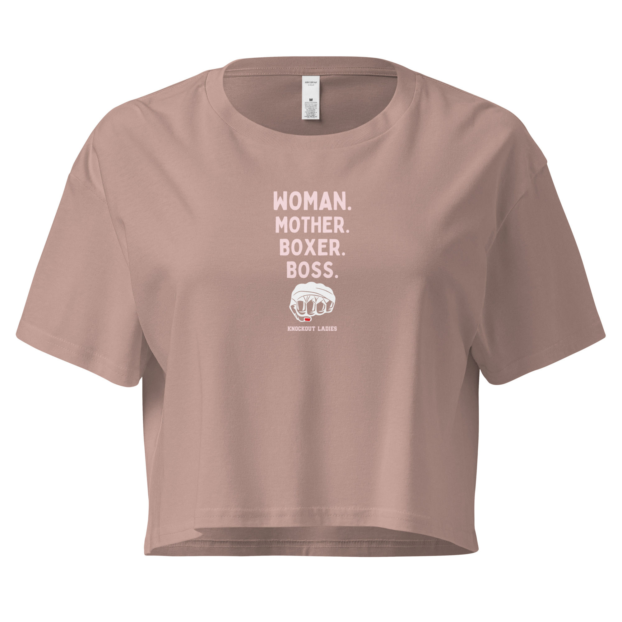 "Woman.Mother.Boxer.Boss." Women’s crop top