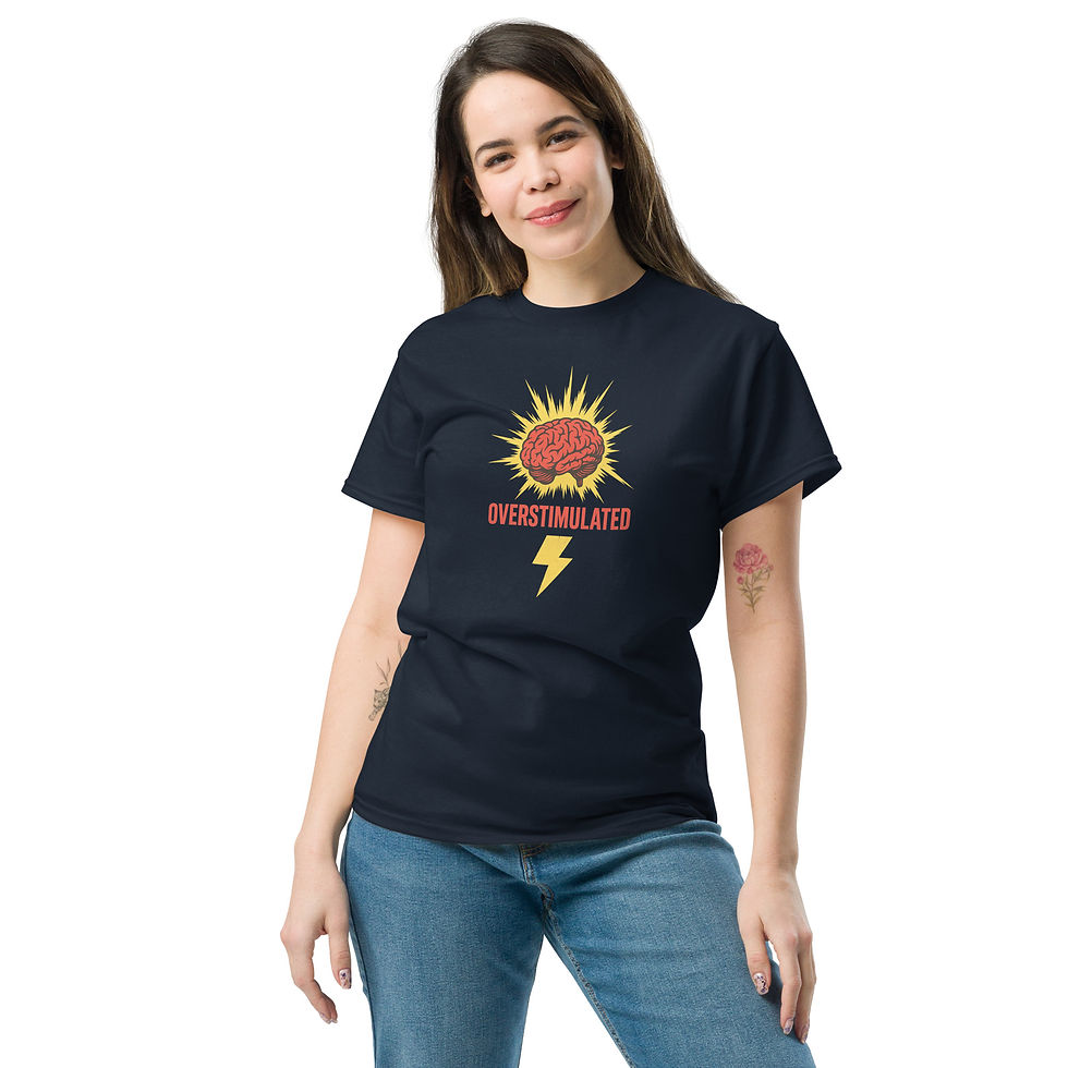 Thumbnail: "Overstimulated" Unisex T-Shirt – Brain Lightning Graphic | Mental Health 