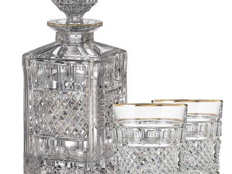 Bohemia Crystal hand cut whiskey set Felicie Line Gold (1 carafe + 2 whiskey glasses)($1,197.00 USD)