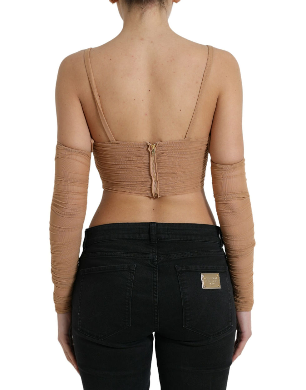 Miniatura: Brown Nylon Stretch Open Shoulder Cropped Top