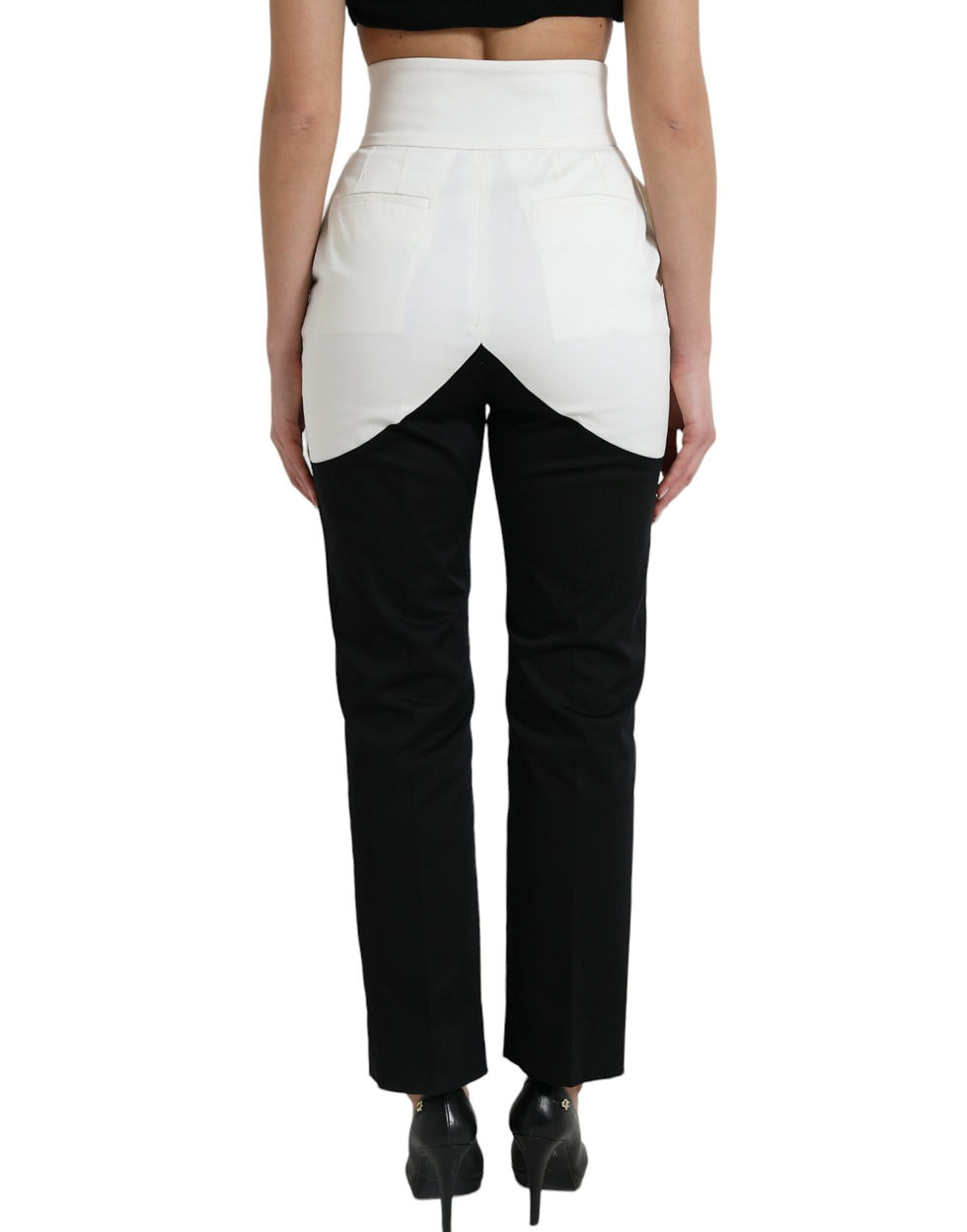 Thumbnail: Black White Cotton Cut Out Waist Tapered Pants