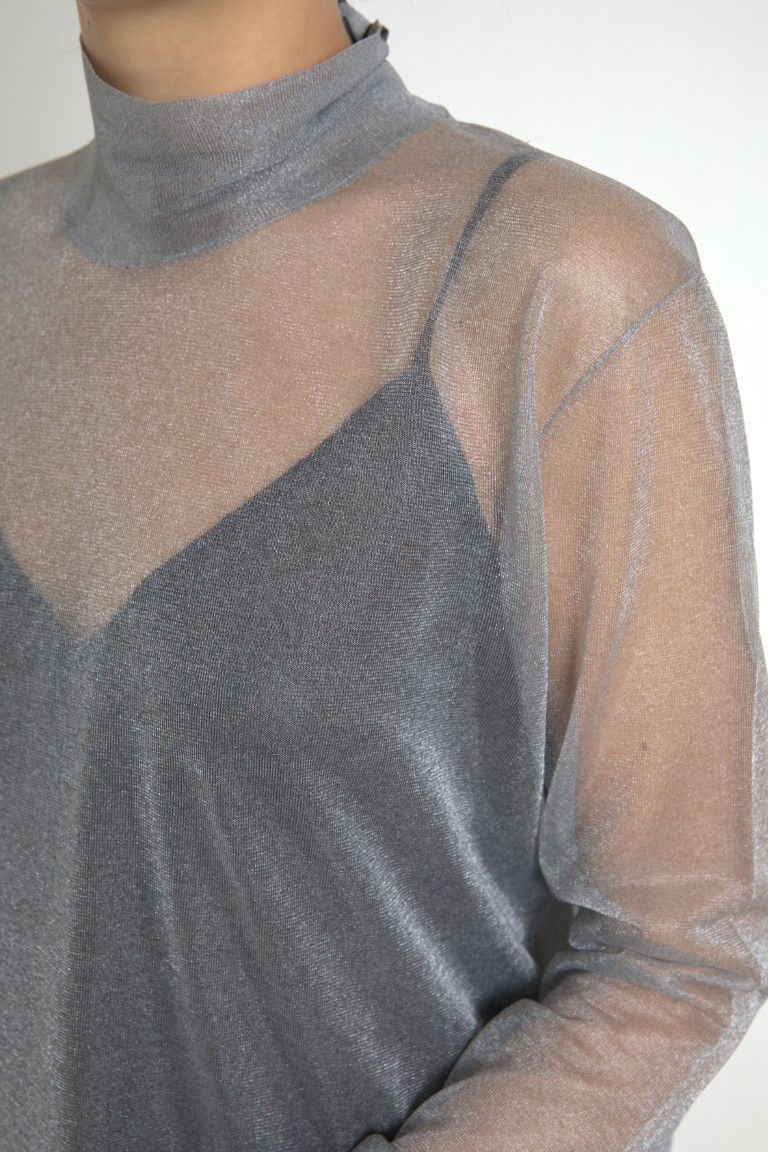 Miniatura: Gray Mesh Turtleneck Long Sleeve Blouse Top
