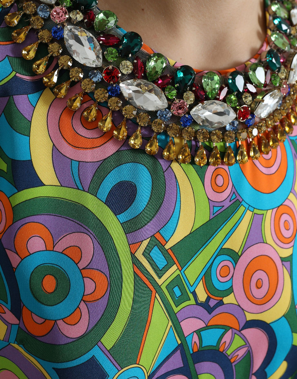 Miniatura: Multicolor Geometric Print Silk Crystals Midi Dress