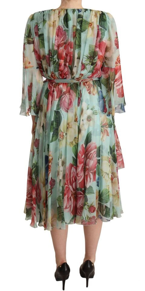 Miniatura: Multicolor Green Floral Silk Wrap Midi Dress