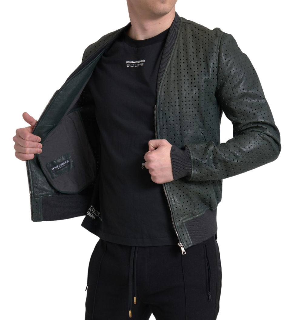 Miniatura: Green Perforated Leather Bomber Jacket