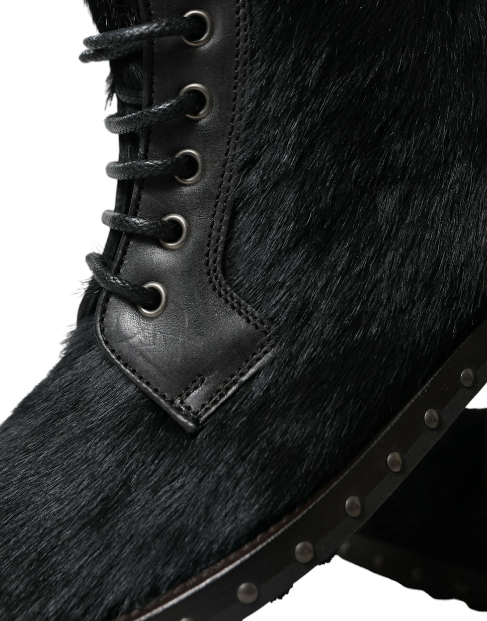 Miniatura: Black Pony Style Leather Mid Calf Boots Shoes