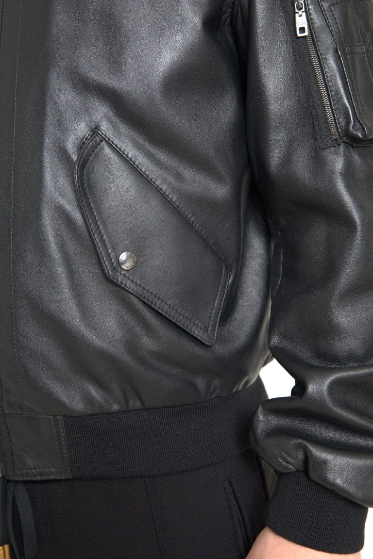 Thumbnail: Black Leather Blouson Full Zip Bomber Jacket