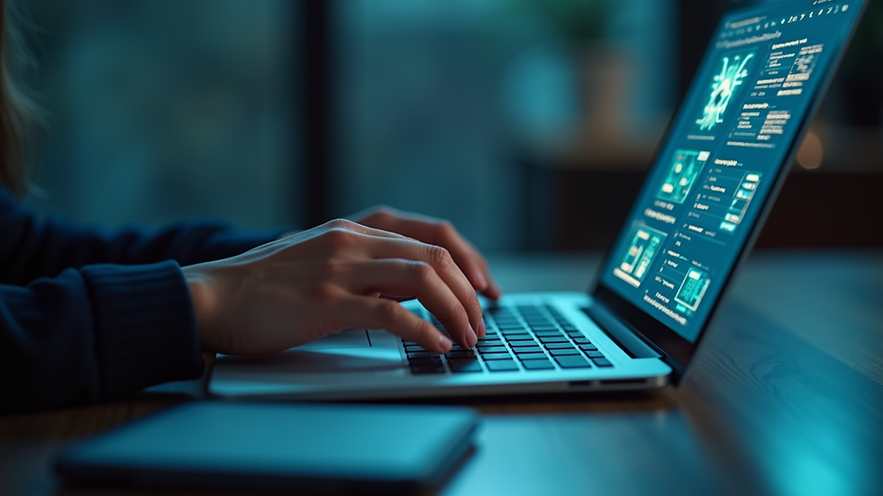 Close-up view of a person typing on a laptop with cybersecurity software on the screen