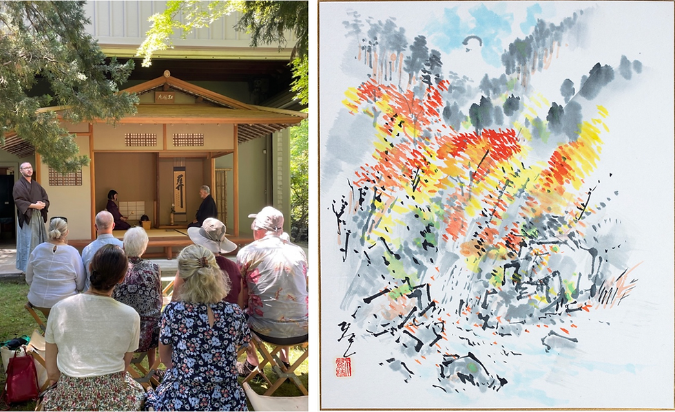Left: Clayton Myers of Urasenke Boston hosted a tea ceremony at Sho-fu-an. Right: “Red Fall Maple” watercolor by Japanese artist, Sano Gofu.