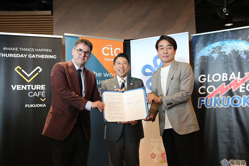 Tim Rowe with Seitaro Hattori, governor of Fukuoka Prefecture, and Tak Umezawa