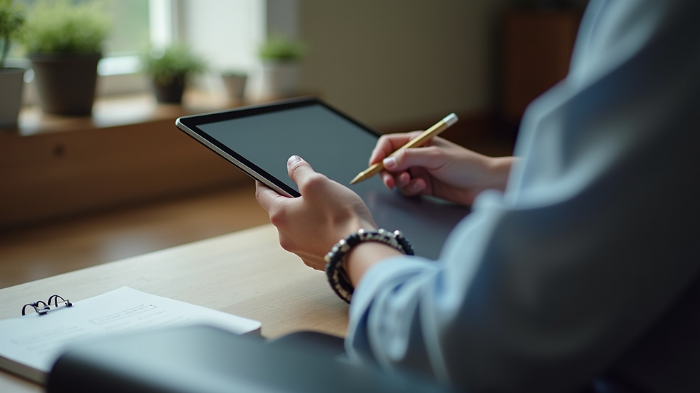 Close-up view of a person taking notes while watching an online course on a tablet