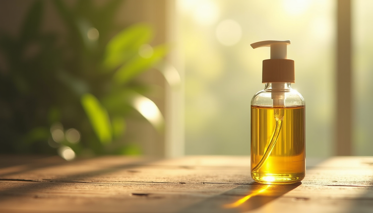 Close-up view of a glass bottle of natural body oil on a wooden surface