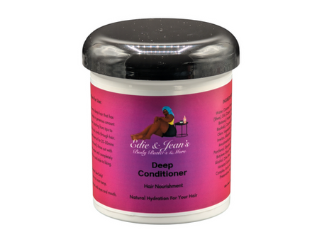 Pink-labeled jar of Edie & Jean's Deep Conditioner, featuring a figure with blue towel on hair sitting on a chair. Text: "Hair Nourishment. Natural Hydration For Your Hair."