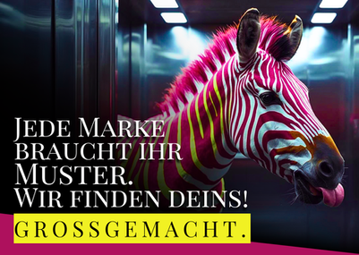 Zebra mit pinken Streifen und Slogan Ihrer Marketing Agentur Potsdam