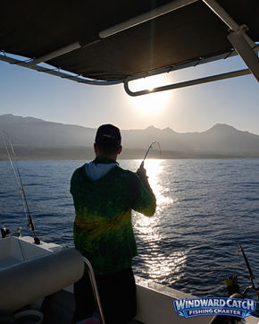A customer with his back to the camera holds a curved fishing rod from the side of the boat stopped under the awning at dawn off the coast.
