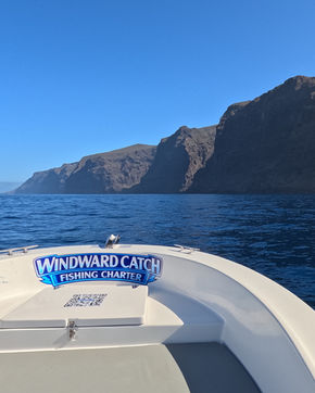 Vista vertical desde la cubierta de proa mostrando el logotipo transitable de Windward Catch Fishing Charter navegando hacia los Acantilados de Los Gigantes.