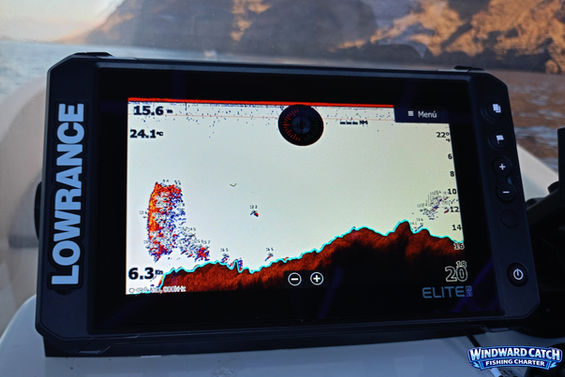Primer plano de la pantalla encendida de una sonda Lowrance mostrando la lectura del relieve del fondo marino a bordo de Windward Catch Fishing Charter.