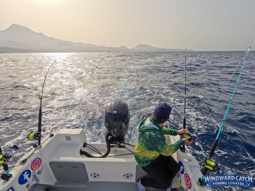 Un cliente preparando las cañas de curricán en la popa transitable de Windward Catch Fishing Charter.