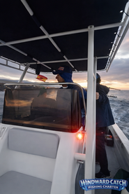Capitán de chárter de pesca navegando desde la consola del barco bajo la estructura del toldo.