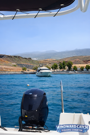 Motor fueraborda negro en primer plano con un yate blanco fondeado en una bahía de aguas azules.