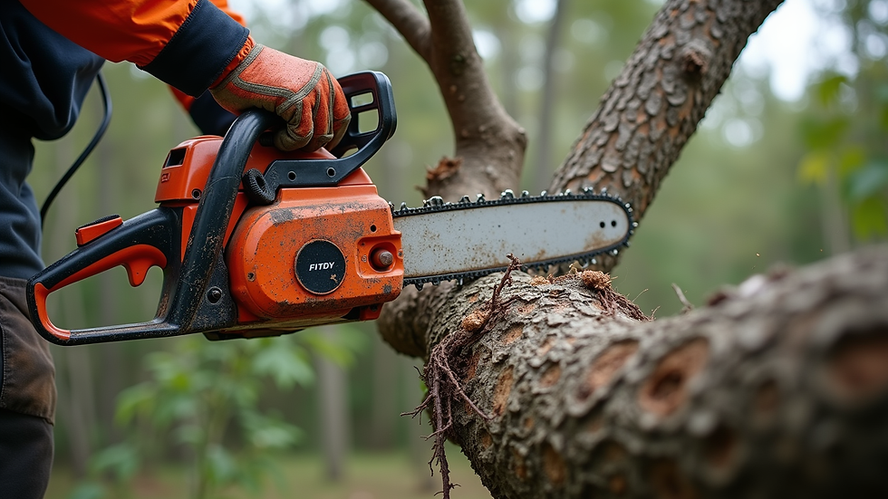 Close-up view of arborist using chainsaw to prune a large tree branch