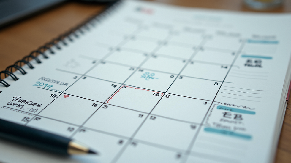 High angle view of a calendar with marked deadlines and notes