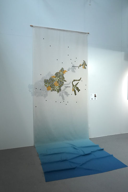 Seeds across Water, 2025, mixed media installation, 280 × 150 × 80 cm. Exhibition view at