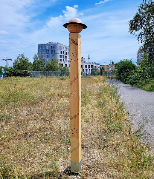 Nord Buzzpost, 2025, pine wood, found vinyl record, bamboo bowls, 200 x 12 x 12 cm. Exhibi