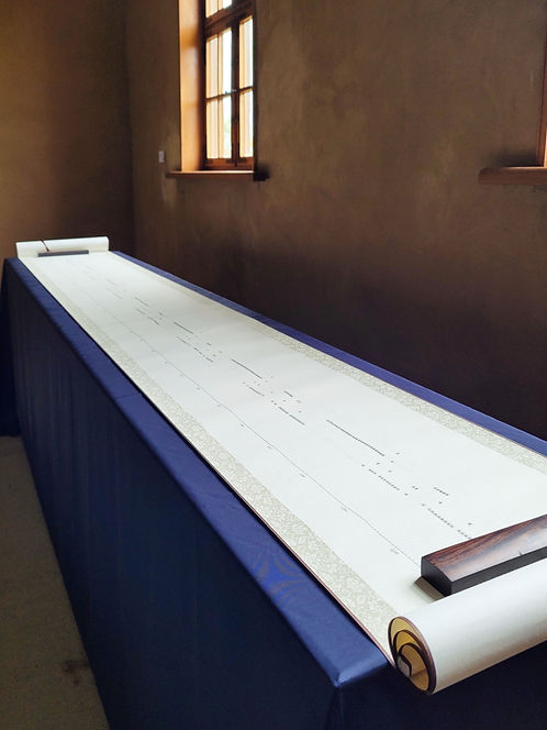 A Week of Grandpa’s Life, 2025, ink pen on rice paper scroll, 40 x 310 cm. Exhibition view