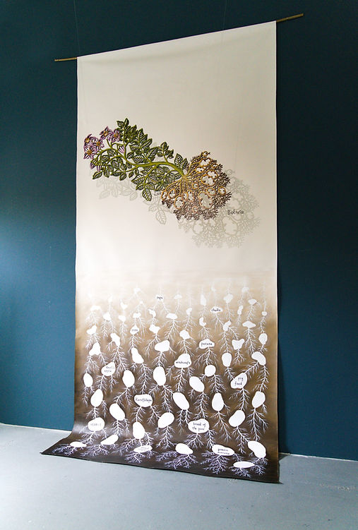 Roots of Potatoes, 2025, laser cut MDF plate, acrylic paint, canvas, bamboo rod, shadow, 4