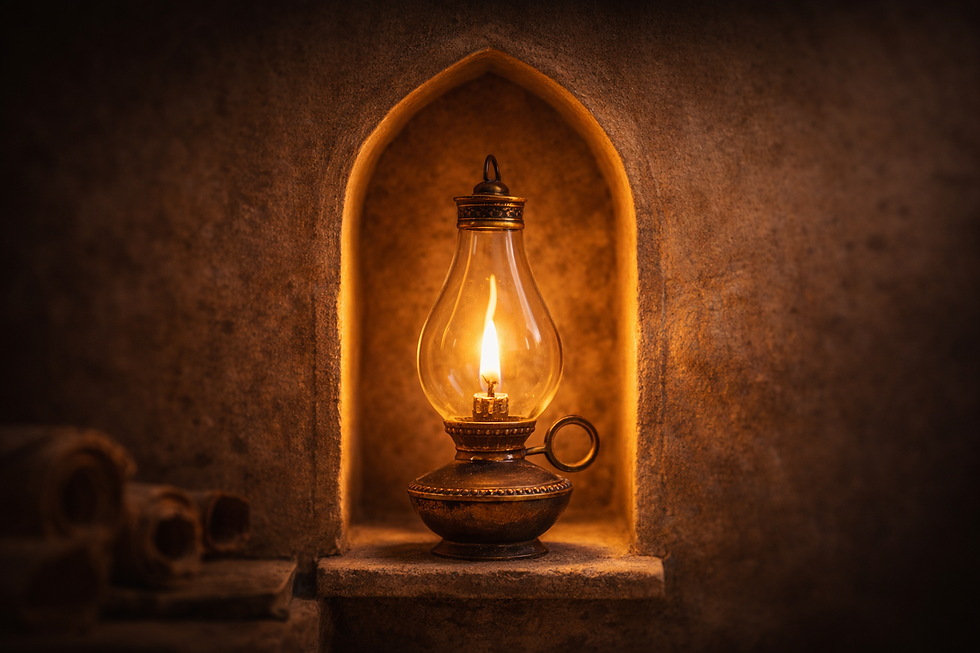 Antique oil lamp in arched niche.png