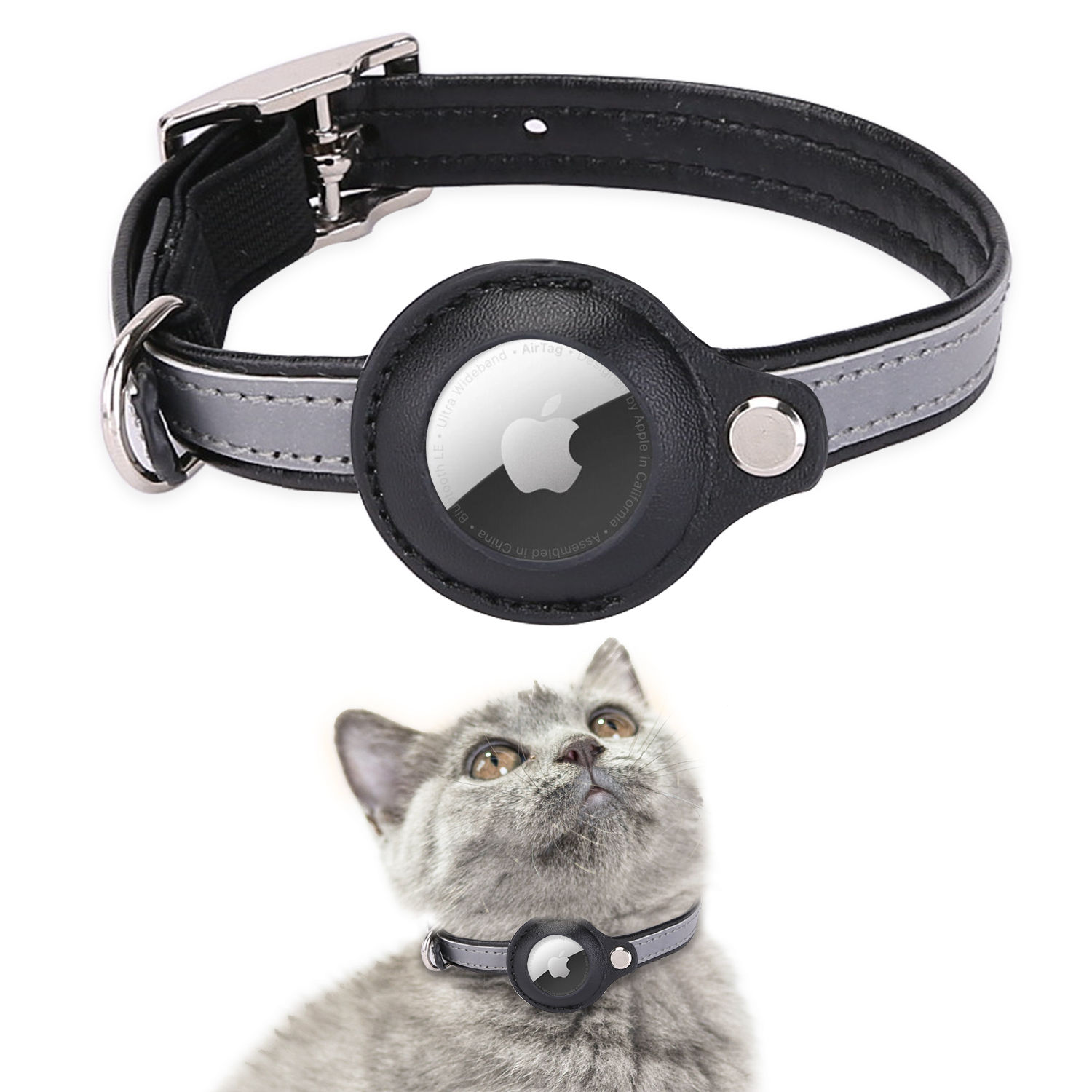 Integrated Air Tag Cat Collar for Apple, Leather GPS Cat Collar with AirTag