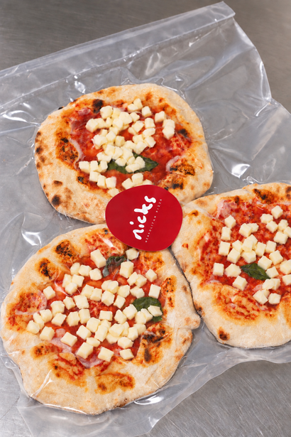Three Nicks mini Margherita pizzinis in a vacuum bag