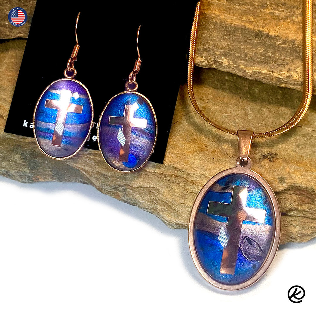 Rose gold cross jewelry set with rose gold foil crosses