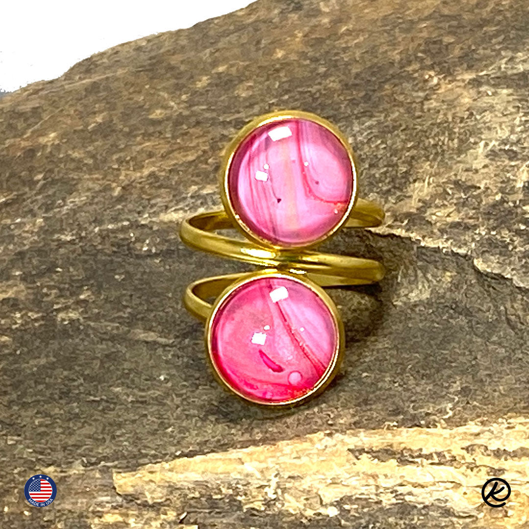 Gold Stainless Steel Ring with pinks and gold poured acrylics