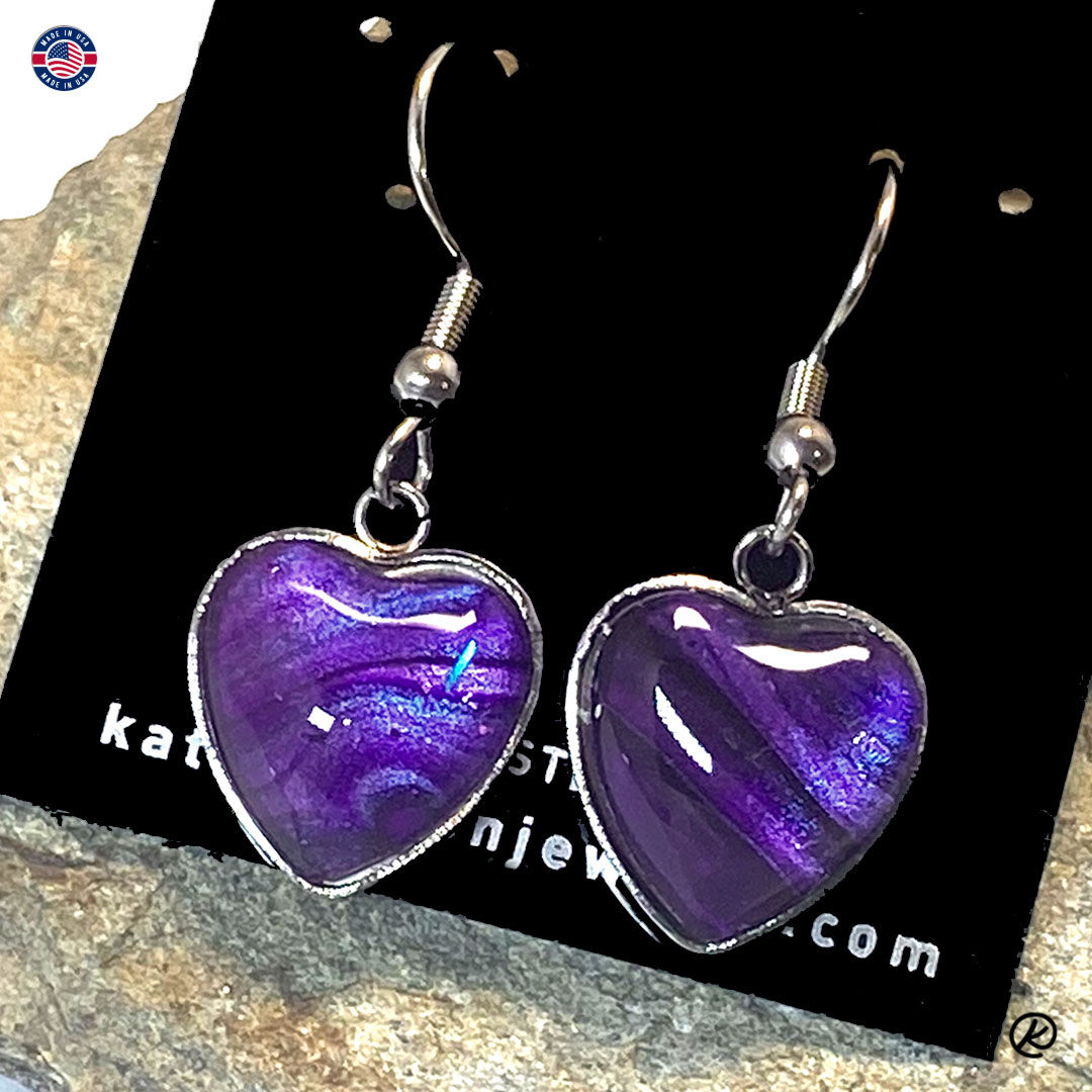 Purple surgical steel heart earrings from poured acrylics