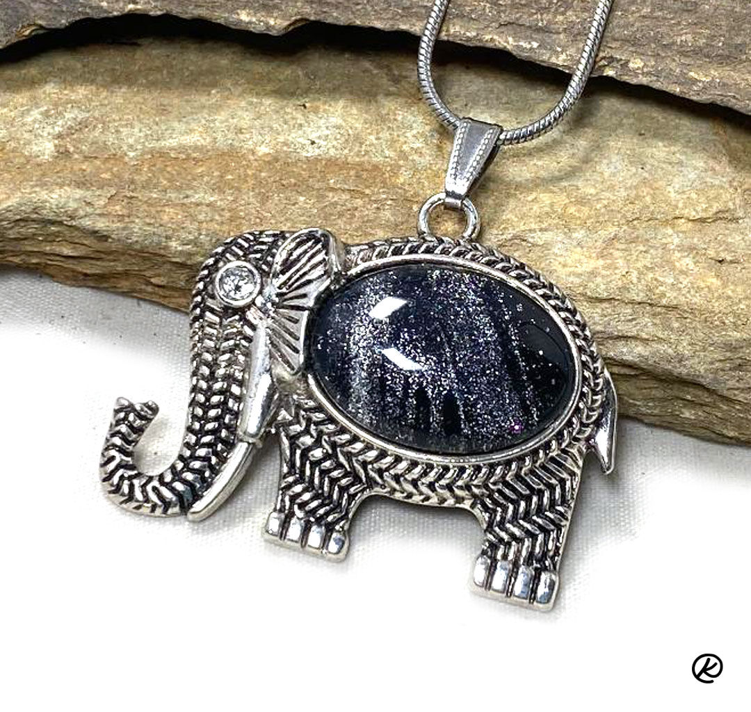 Elephant pendant with black and gray hand painted stone