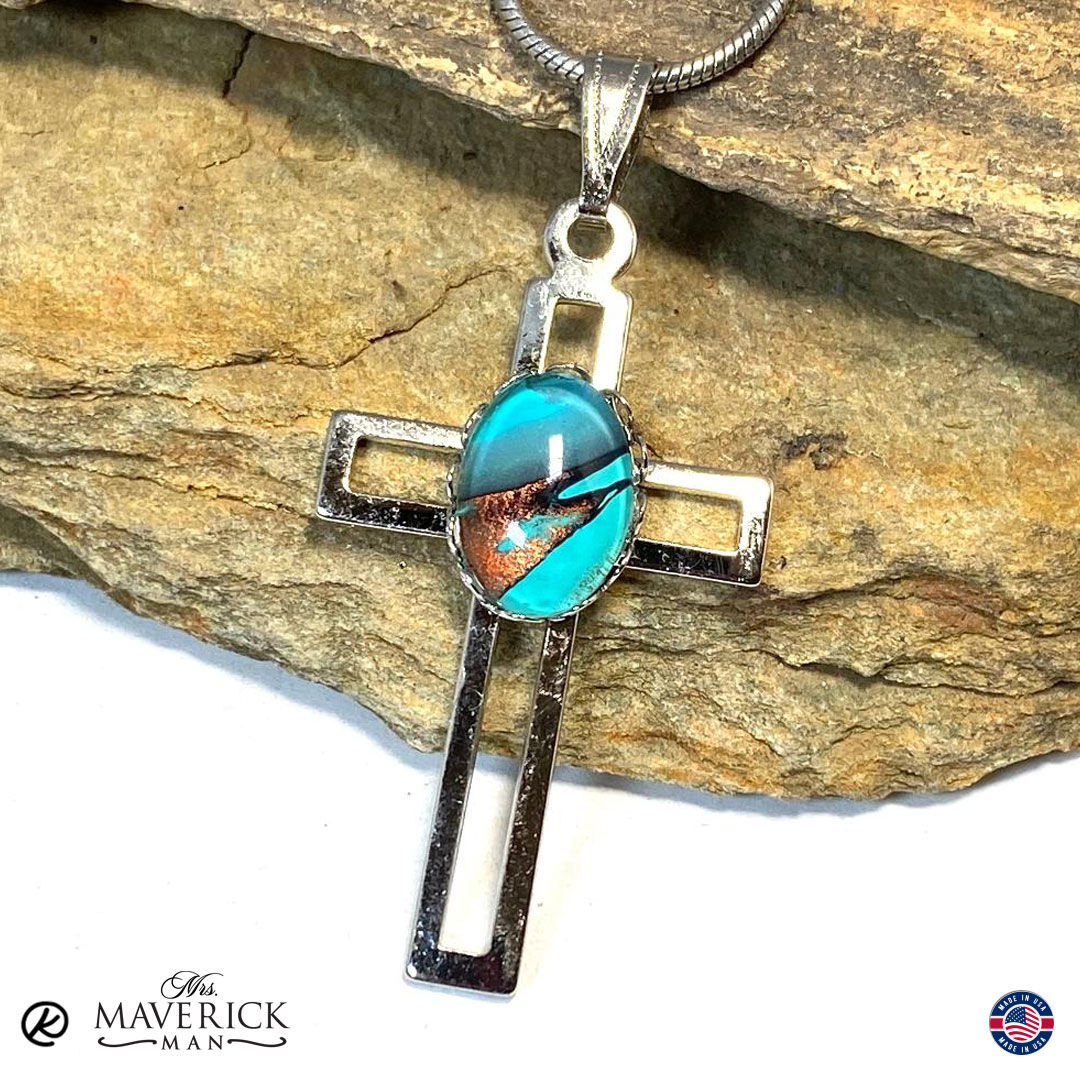 Silver cross pendant with hand painted stone