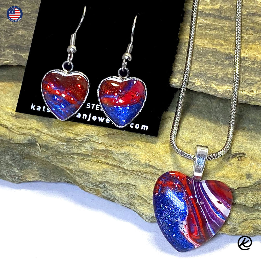 Red white and blue heart jewelry set