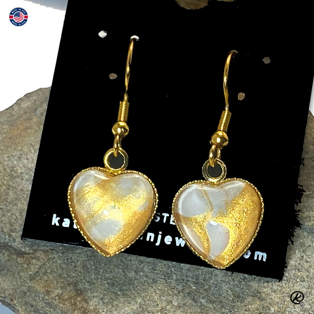 Striking gold and white poured acrylic heart earrings - pendant available