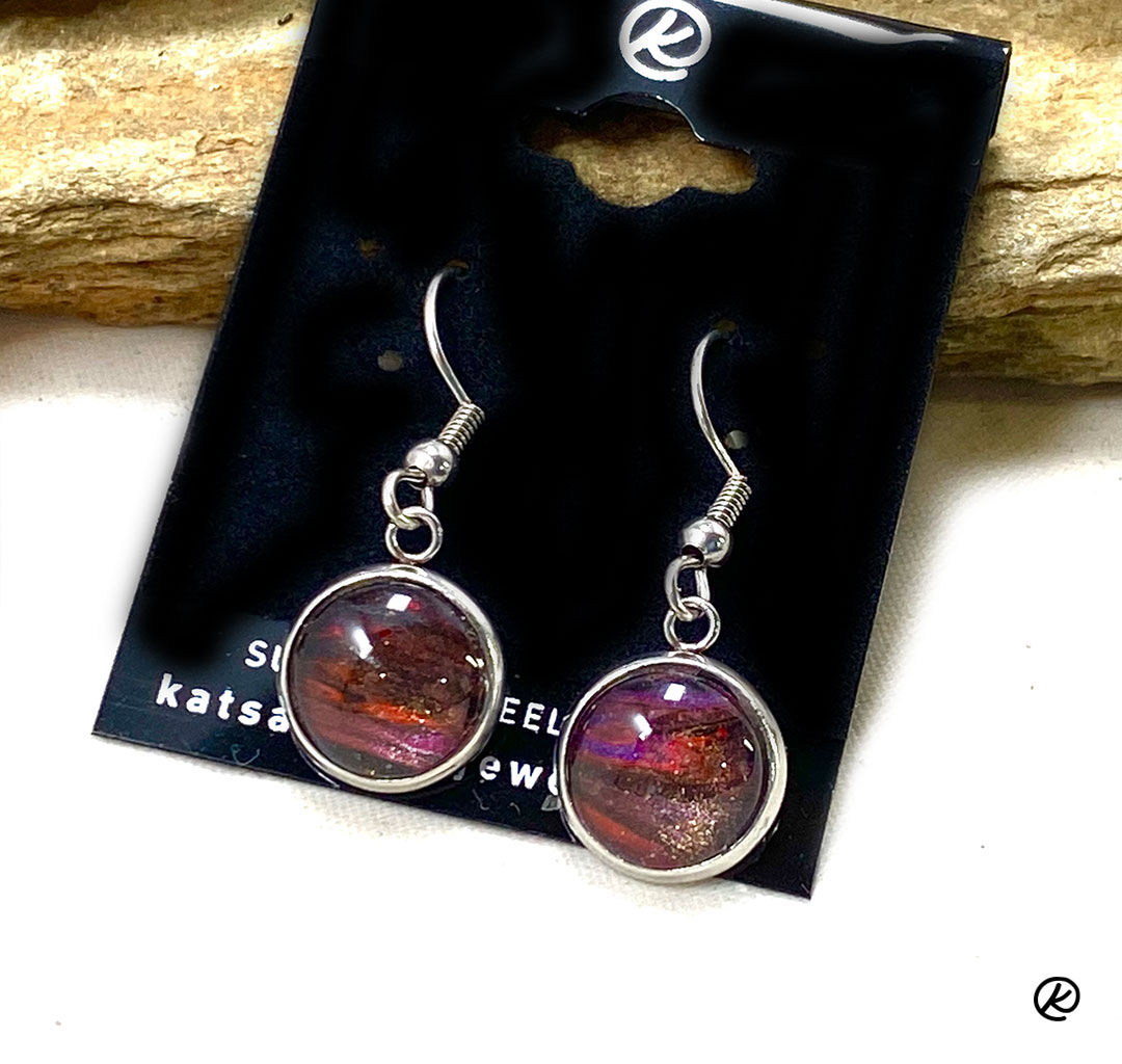 Small surgical steel earrings in red black and purple