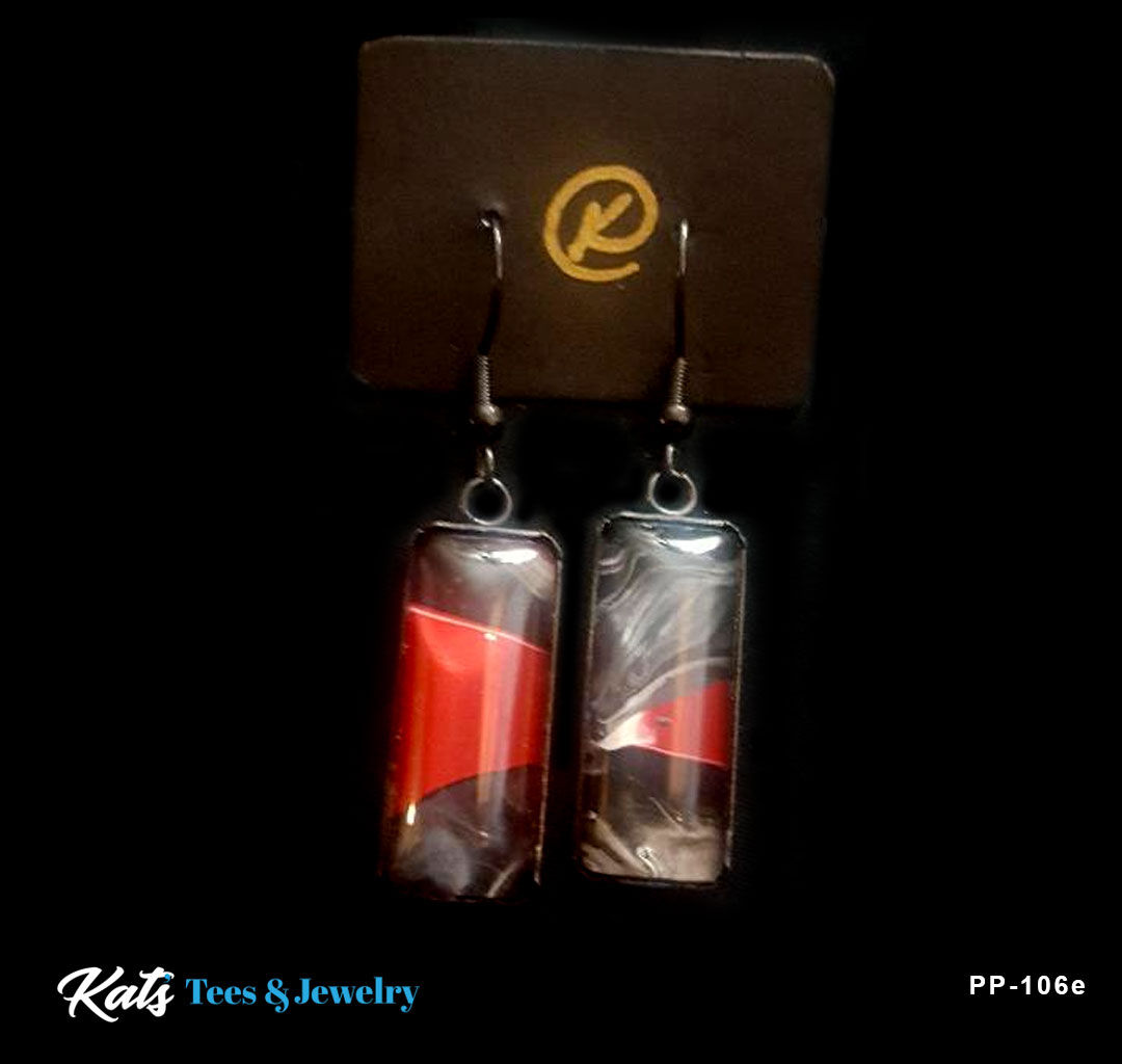 Poured Painting black stainless steel earrings - crimson white and blk