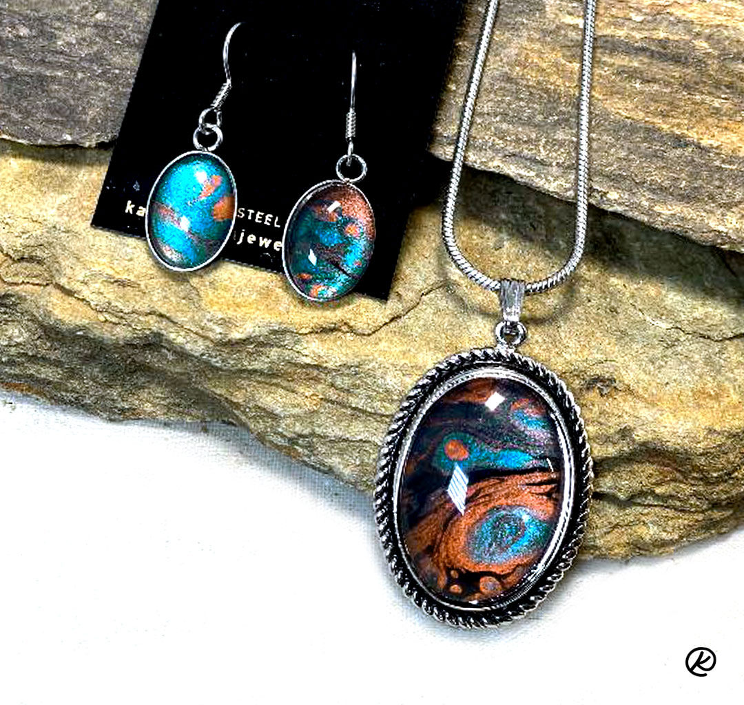 Copper and turquoise poured acrylic jewelry set
